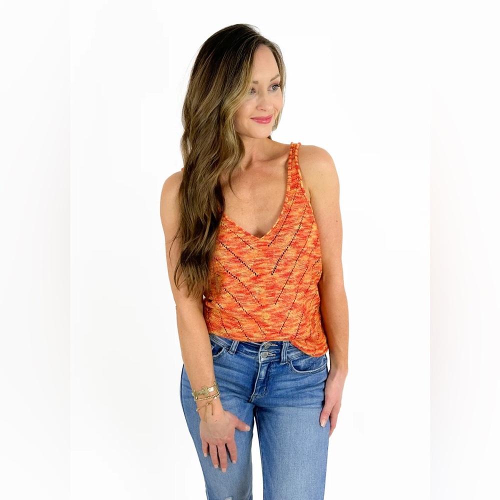 Michael Stars Orange Geometric Blouse V Neck Cami IKAT Print Carrot